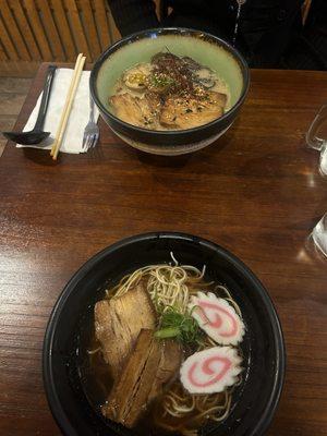 shoyu ramen (bottom) tonkotsu (top)