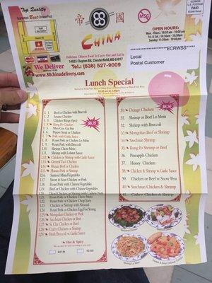 88 China's Lunch Specials (full menu on other side).