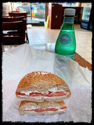 Sesame Bagel with Cream Cheese + Tomato (cross section look) - Delicious!