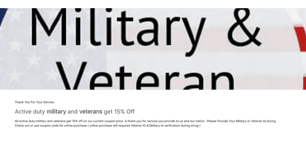 Active duty military and veterans get 15% Off