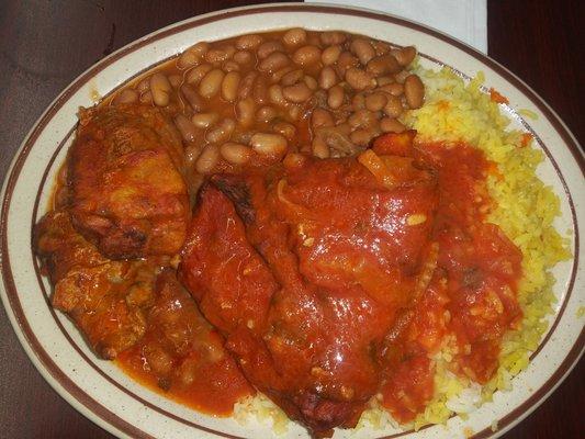 Half chicken, half pork, beans and yellow rice $7