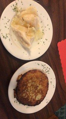 Potato pancakes and cheese pierogies