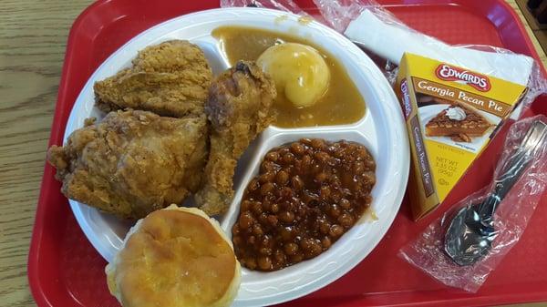 3 piece, all dark meat, mashed potatoes and gravy, baked beans, and a pecan pie.  All washed down with a vat of sweet tea.