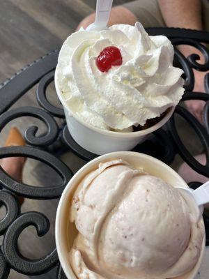 One-scoop Strawberry (bottom) and butter pecan Sundae (top)