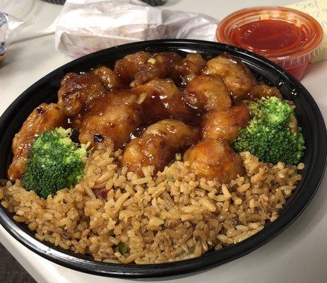 General tso chicken with roast pork fried rice