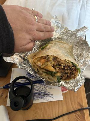 Chorizo and shrimp breakfast burrito. It was 2 meals for me and my son