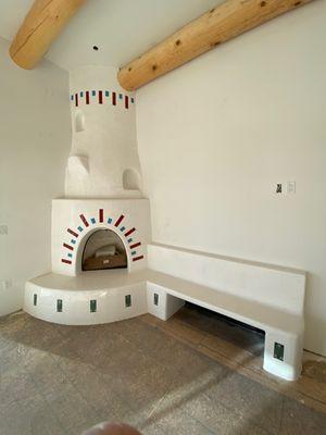 A custom Gloss Kiva Venetian Plaster fireplace in Canon City, Colorado.