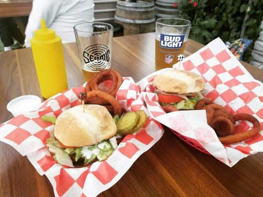 Cheeseburger and Chicken sandwich ( Onion rings substituted for fries) enjoyed in the beer garden