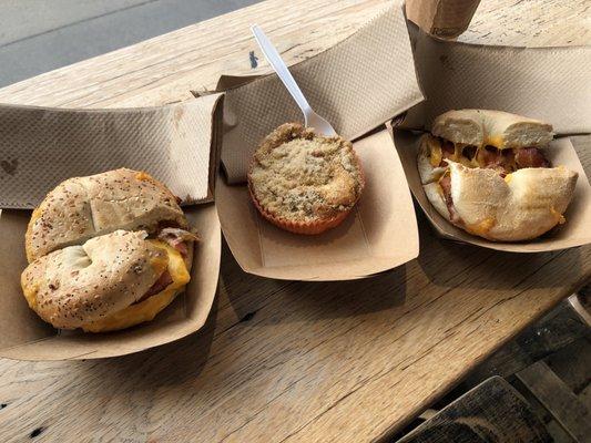 Bacon cheddar bagel and coffee cake