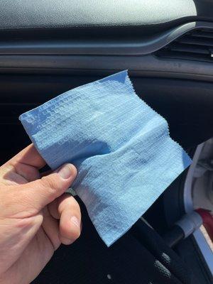 Went from micro fiber cloths with windex, to a sealed wet dash wipe, to a dry shop paper towel. Trash.