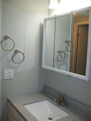 Large medicine cabinet and new wave bowl sink and countertop.