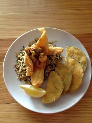 Bourbon Catfish with dirty rice & fried egg plant. Devine!!