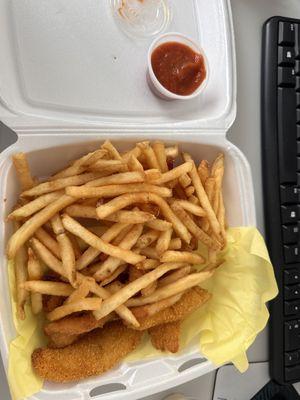 Shrimp  and catfish. Mostly fries and only small pieces of catfish and 3 shrimp.