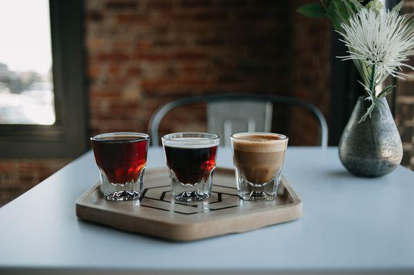 We offer an array of specialty coffee items--if you don't know what to choose, just ask for a coffee flight!