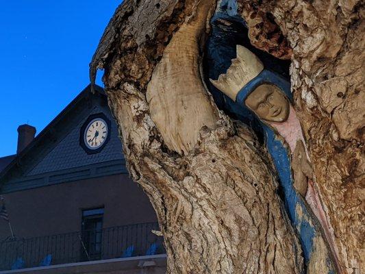 Virgin Mary tree carving outside of San Felipe de Neri Church, Old Town Albuquerque