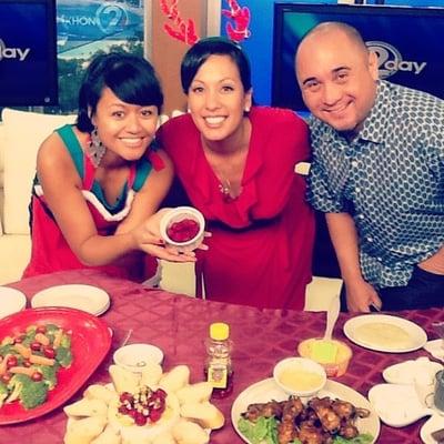 Tia, Olena Heu, and Lanai Tabura on the morning news set.