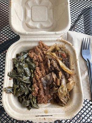 Left to right: collard greens, walnut meat, cabbage