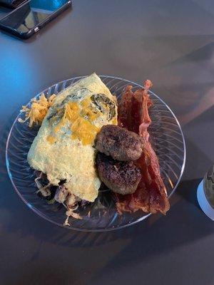 Buffet omelet (everything but spinach) with bacon and sausage