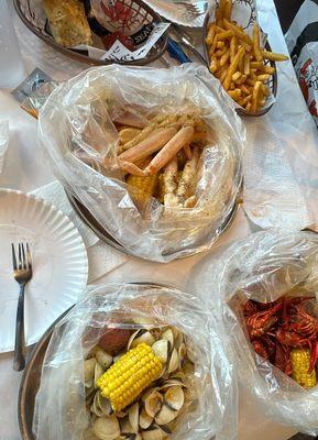 snow crabs, crawfish, clams, cajun fries