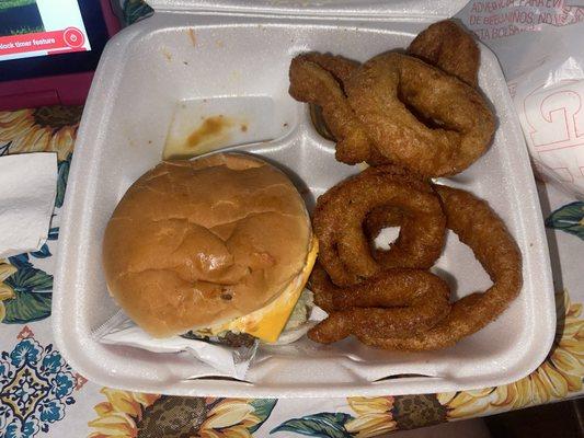 Cheeseburger and onion rings