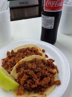 2 tacos chorizo 1.85 each and Mexican tall frosty coke 2 bucks sooo good