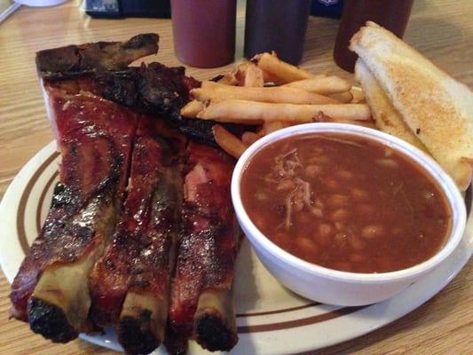 Rib dinner with fries and baked beans