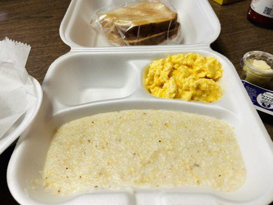 Grits, scrambled eggs, toast closeup. Yummy!