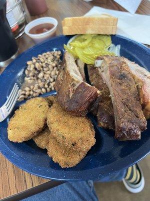 Black eyed peas, fried zucchini and ribs