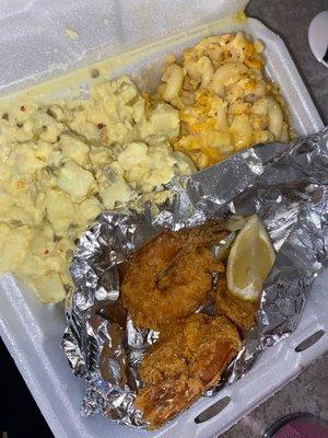 Fried Shrimp Dinner with Mac and cheese and potato salad