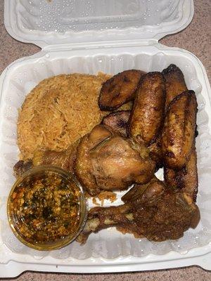 4. Motherland Combo  Chicken, Jollof Rice, Spinach and Egusi Stew, Fried Plantain