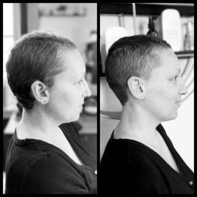 Before and after. Post chemo hair regrowth. Putting some shape into the hair for a deliberate and fierce look.