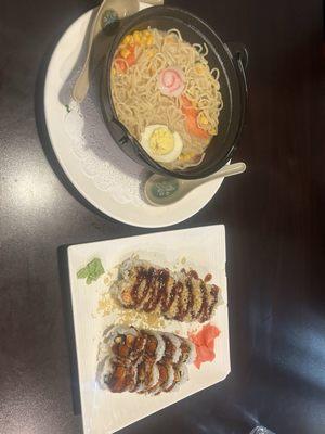 Pork Ramen, Sweet Potato Roll, Crunch Roll