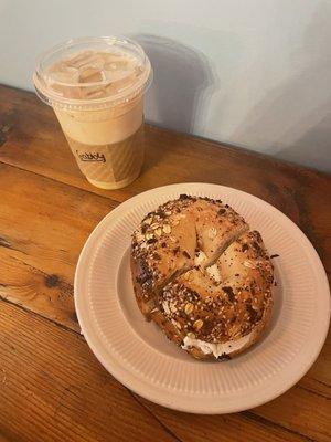 Iced latte and everything bagel