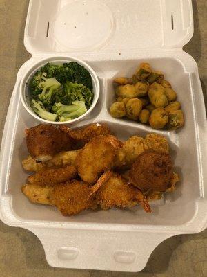 Fish and shrimp dinner w/fried okra and broccoli