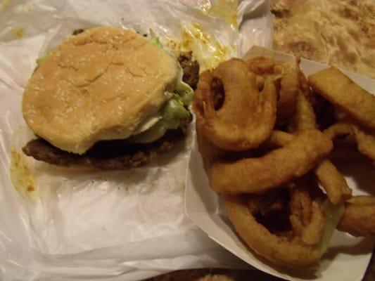 1/2 lb homestyle burger with onion rings