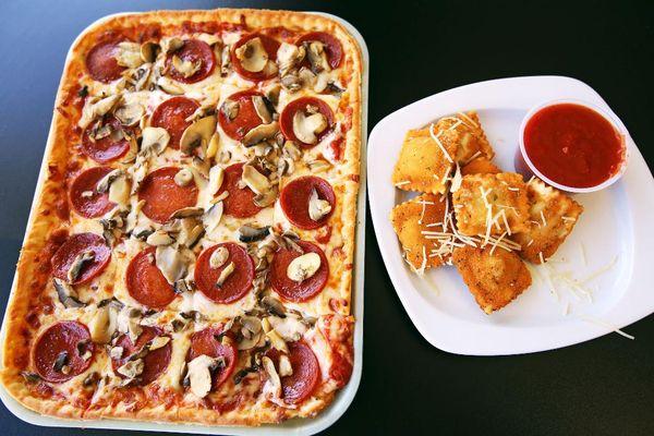 Pepperoni and Mushroom Pizza and Spicy Toasted Ravioli