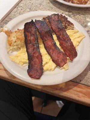 Eggs, turkey bacon, and hash browns