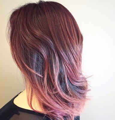 Violet red to rose gold color melt , and layered haircut.