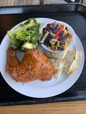 1/4 White and 2 Sides with Street Corn Salad and Sauteed Broccoli.