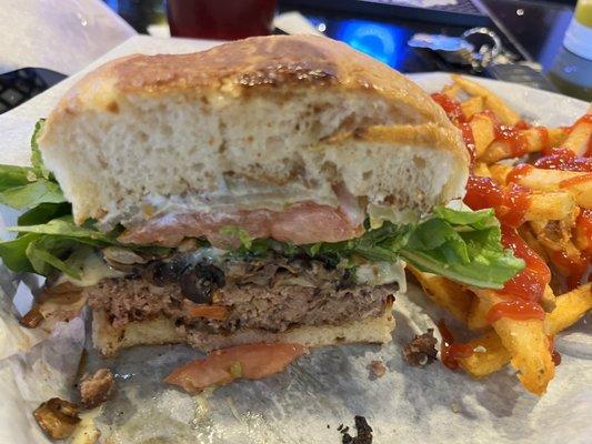 Yummy Mushroom Swiss Burger with Fries!