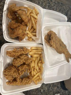 5 piece tenders, 4 piece whole wings and a whole catfish