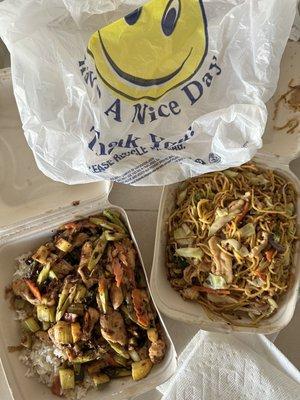 Black bean chicken (comes with white rice)  &  chicken yakisoba -both medium spicy & delicious!