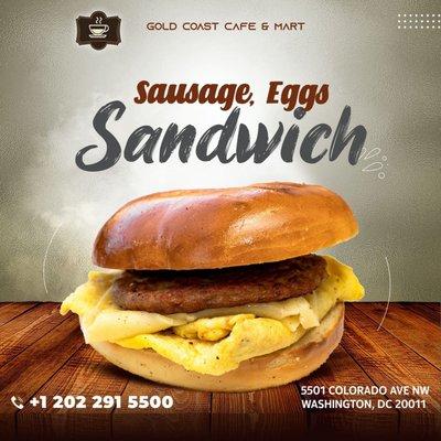 yammy sausage,egg cheddar cheese with bagel