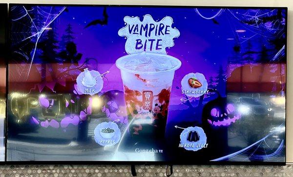 Specials screen menu - Halloween Vampire Bite bubble milk tea - milk, pearls, herbal jelly, strawberry oct '22