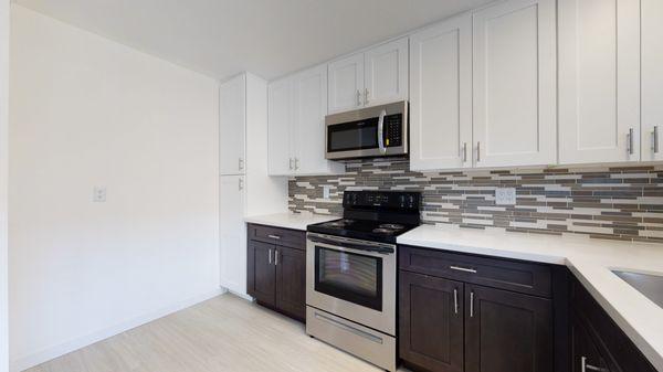 Renovated kitchen with stainless steel appliances, quart countertops, new cabinets, glass backsplash, and wood like plank flooring