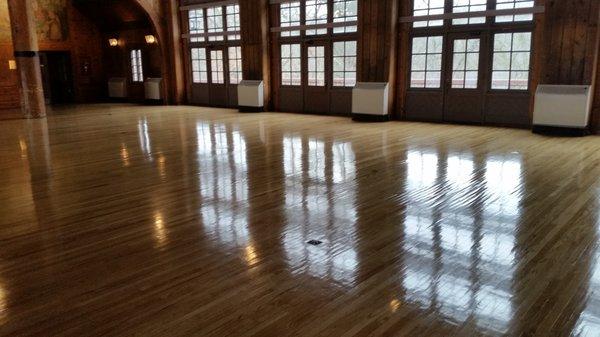 Hardwood floor protective renewal finish at historic lodge