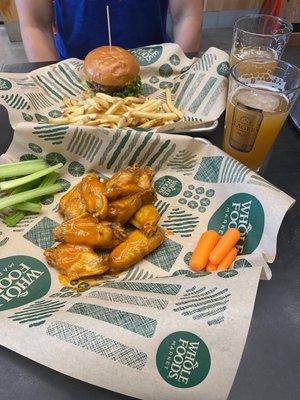 Buffalo wings and burger