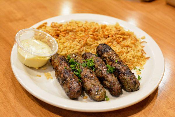 Mediterranean Beef Kafta Plate - Beef Kafta served with seasoned brown rice with vermicelli, lightly fried pine