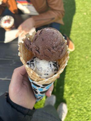 Vegan chocolate and Vegan Cookies & Cream on waffle cone (not vegan)