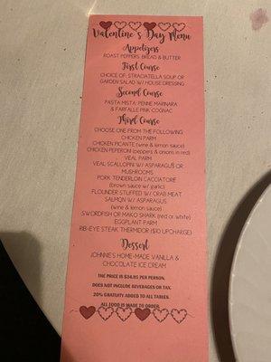 Valentine's menu $35pp